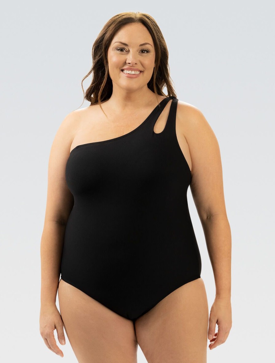 Kvinder Dolfin Swimwear Active Fashion | Kvinder Aquashape Moderat Asymmetrisk One Piece: Sort Ribbet Strik