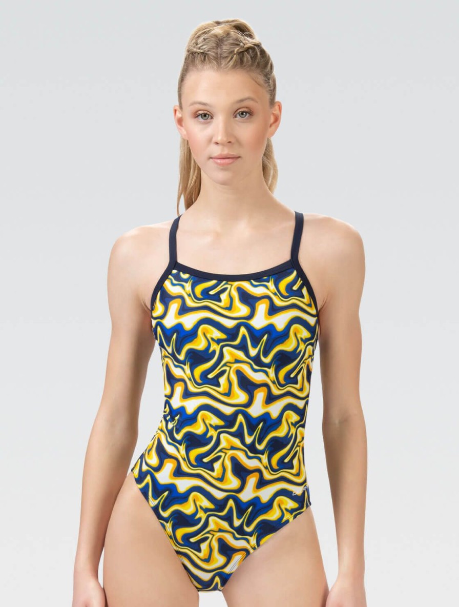 Kvinde Dolfin Swimwear Konkurencedragter | Xtrasleek Women'S Surge Navy And Gold V Back One Piece Badedragt