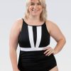 Kvinde Dolfin Swimwear One Pieces | Kvinders Aquashape Sort Og Hvid Farveblok Moderat Badhals One Piece Badedragt