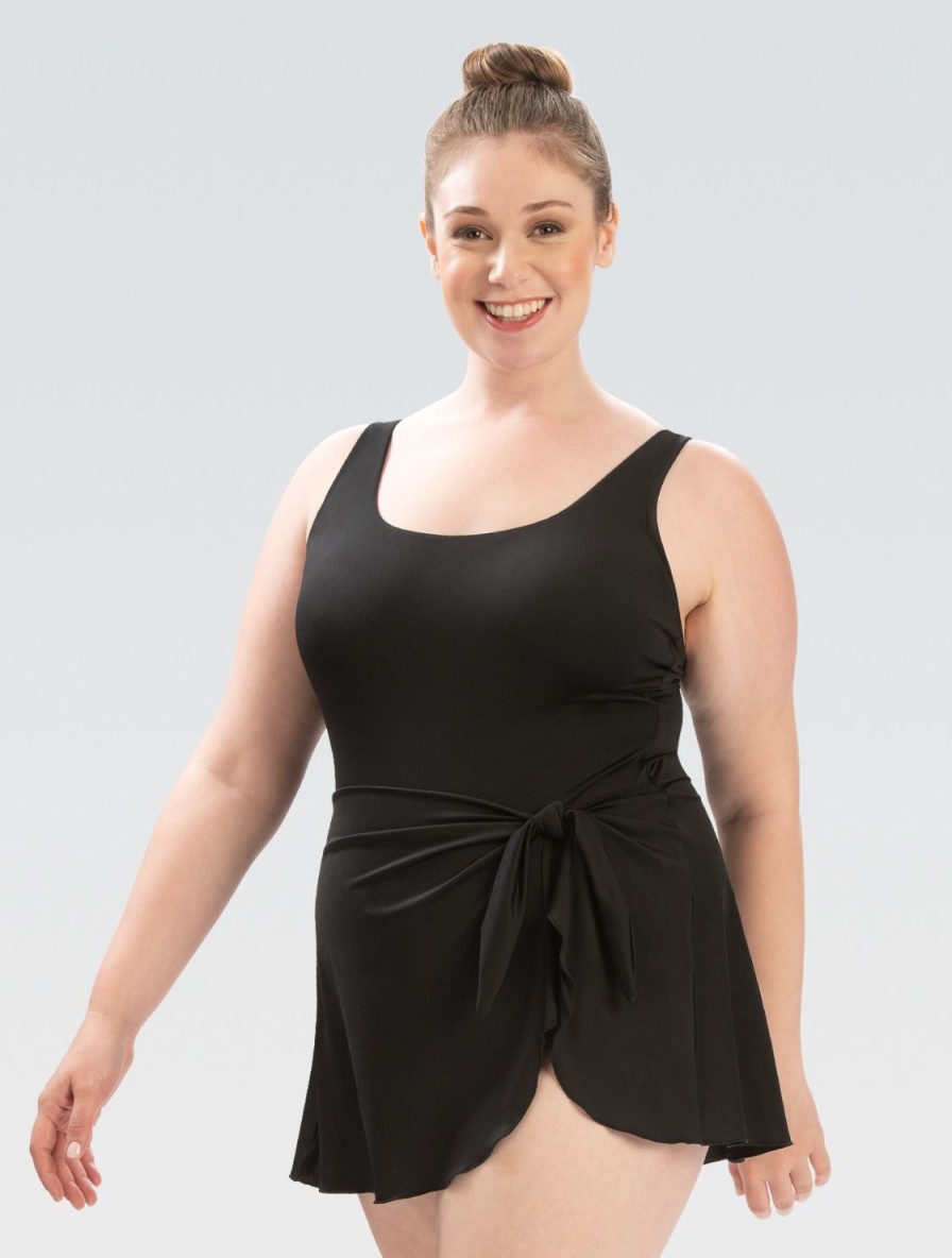 Kvinder Dolfin Swimwear Svømmekjoler | Kvinde Aquashape Solid Black Deep Scoop Neck Svommekjole Med Vedhaeftet Sarong-Nederdel