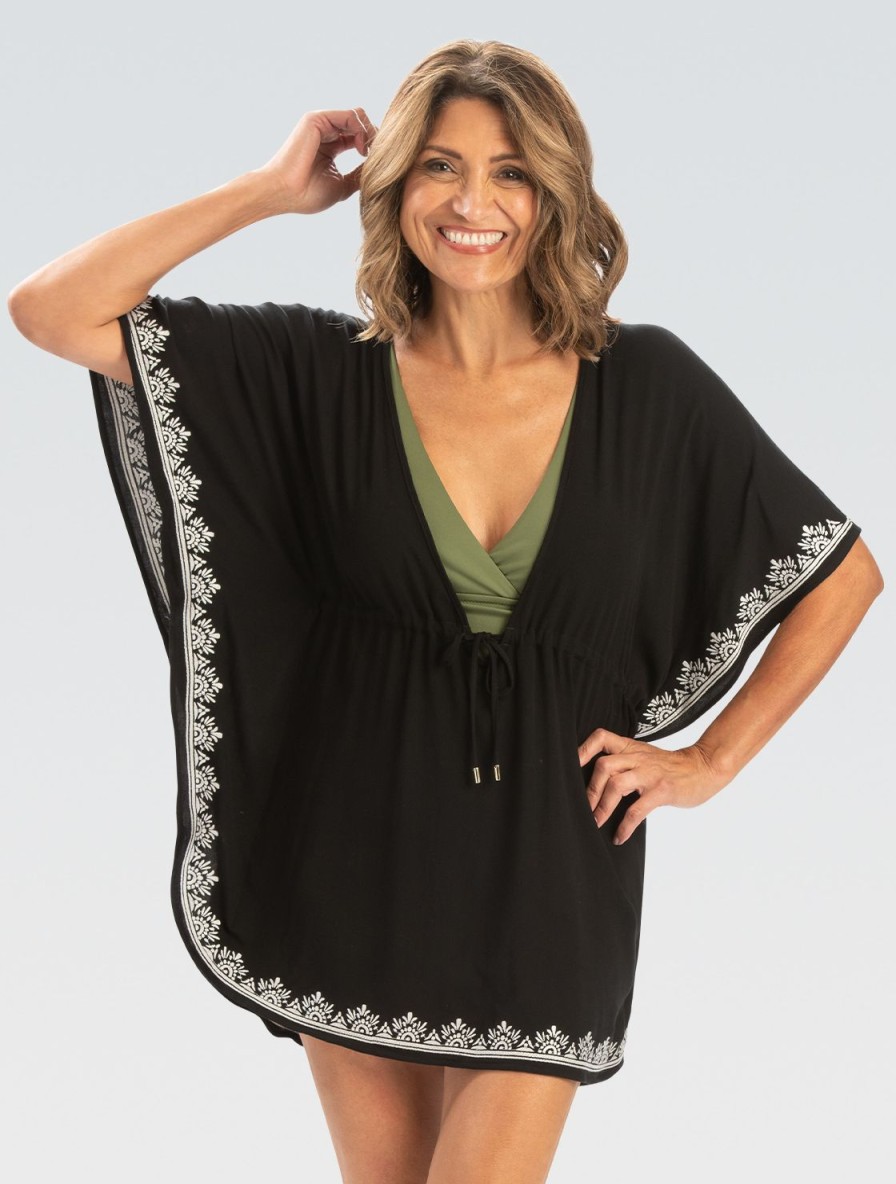 Kvinder Dolfin Swimwear Cover Ups | Kvinder Aquashape Sort Dyb V-Hals Kaftan Cover-Up